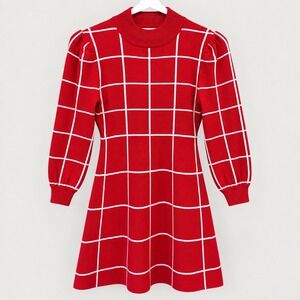 Poppies and Roses Girls Red White Grid Knit Sweater Dress Mock Neck Large L